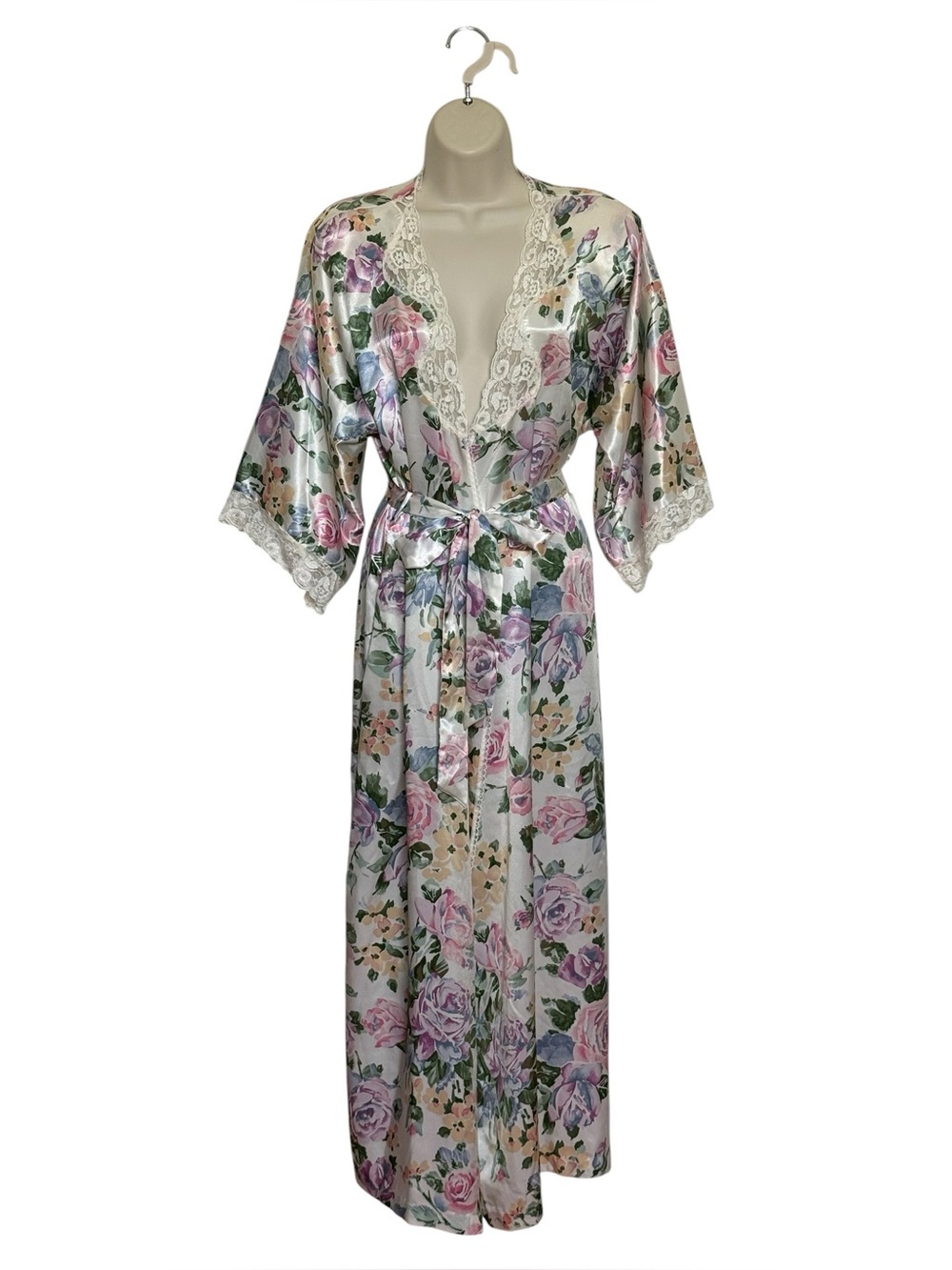 VTG California Dynasty Floral Satin Long Robe Lace Trim Feminine Silky Sz M
